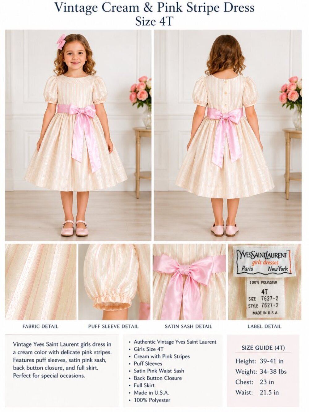 YVES SAINT LAURENT VINTAGE CREAM PINK STRIPE DRESS 4T